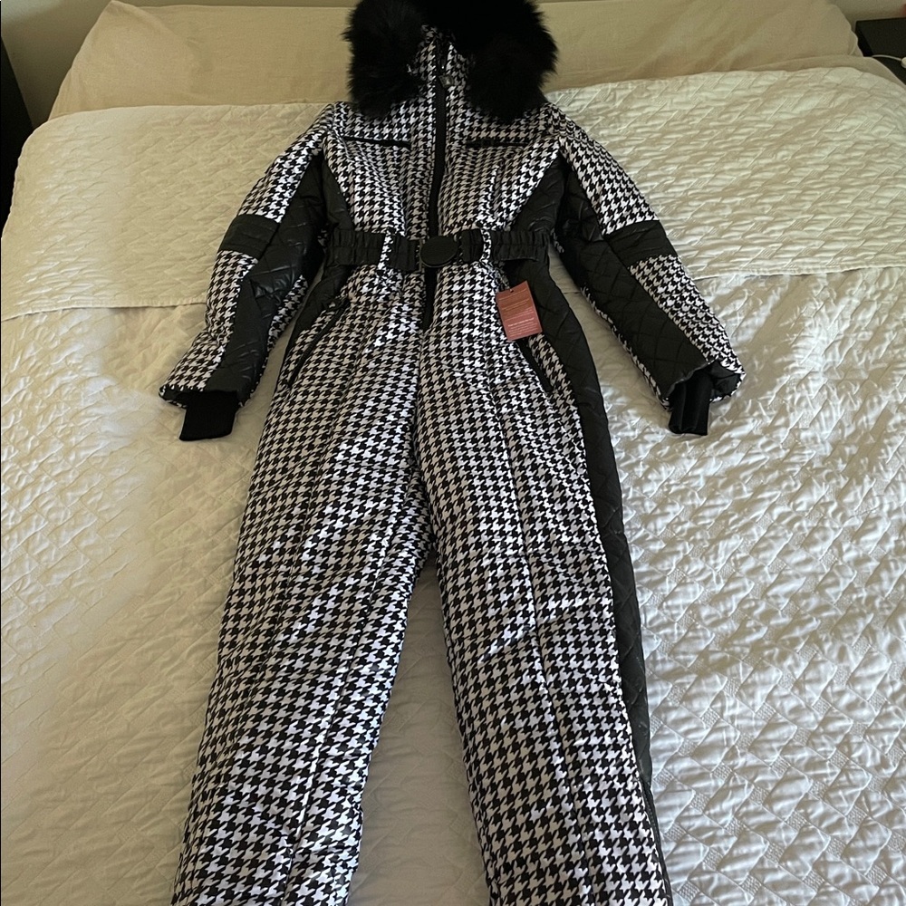 Women's Houndstooth one piece with Black Fur Trim